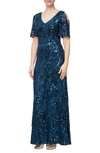 Alex Evenings Sequin Lace Cold Shoulder Trumpet Gown In Deep Ocean