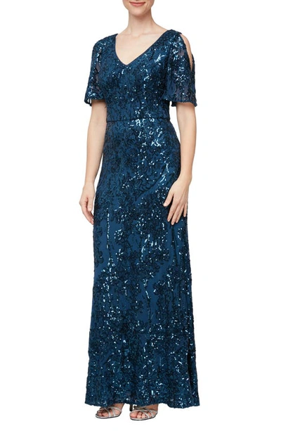 Alex Evenings Sequin Lace Cold Shoulder Trumpet Gown In Deep Ocean