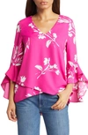 Vince Camuto Floral Print Trumpet Sleeve Top In Pomegrante Pink