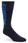 Alexander Mcqueen Graffiti Logo Crew Socks In Navy/ Blue