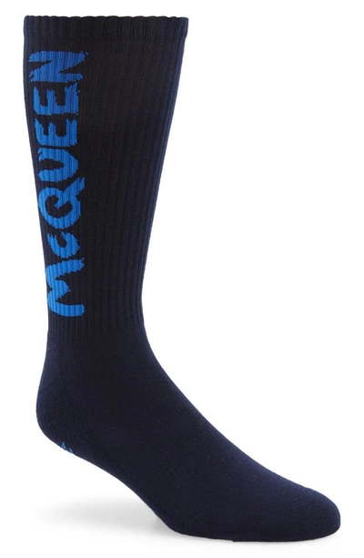 Alexander Mcqueen Graffiti Logo Crew Socks In Navy/ Blue