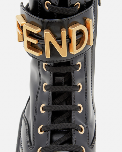 Fendi Logo Leather Lug-sole Combat Boots In Black