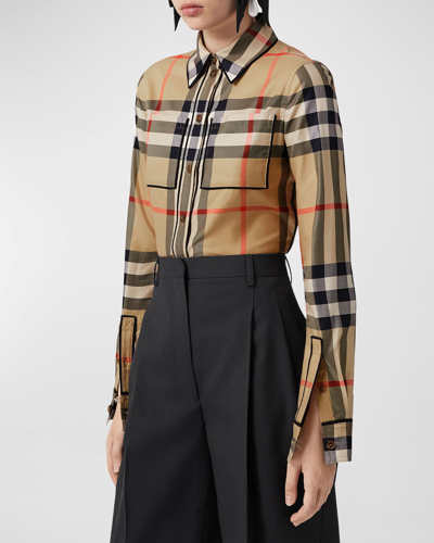 Burberry Nivi Check Piping Collared Shirt In Beige
