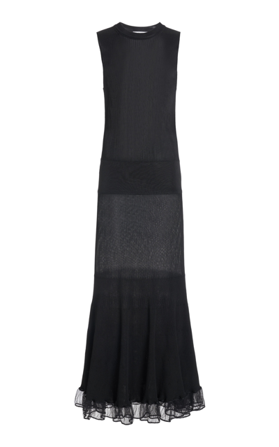 Jil Sander Frill-trimmed Silk-blend Knit Maxi Dress In Black