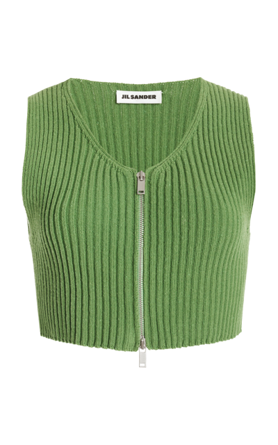 Jil Sander Ribbed Knit Cotton Cropped Vest In Green