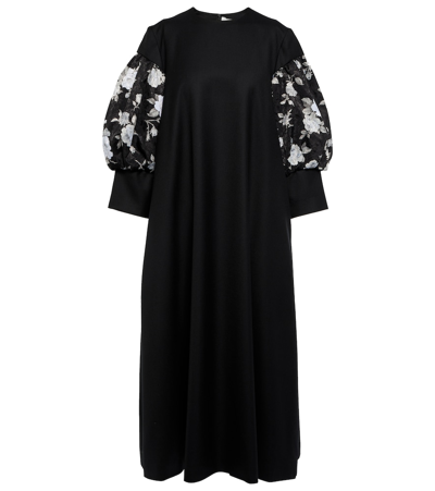 Noir Kei Ninomiya Floral-paneled Wool Midi Dress In Black