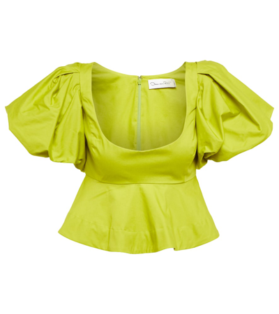Oscar De La Renta Peplum Cotton Crop Top In Chartreuse