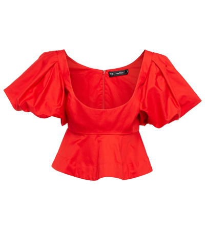 Oscar De La Renta Peplum Cotton Crop Top In Scarlet