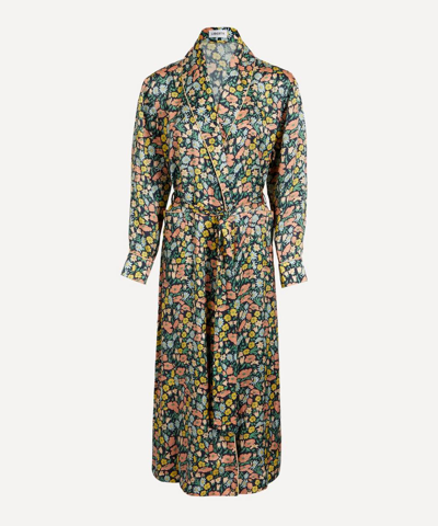 Liberty Poppy And Daisy Silk Satin Long Robe In Navy