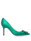 Manolo Blahnik Hangisi 70 Satin Pumps With Clc Crystal Buckle In Green
