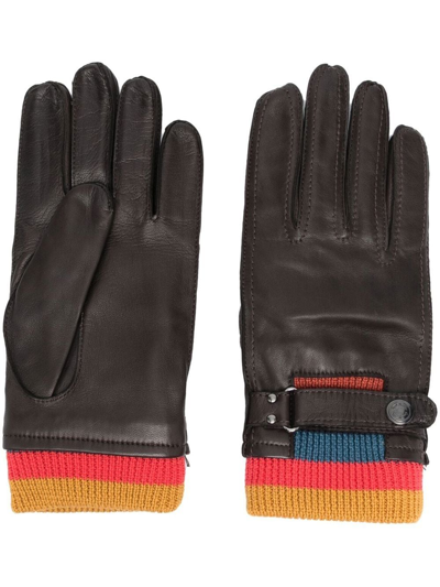 Paul Smith Ribbed-knit Detail Leather Gloves In Brown