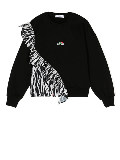 Msgm Kids' Zebra Ruffle Logo-print Sweatshirt In Black