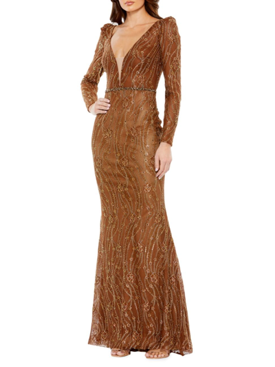 Mac Duggal Women's Embellished Mesh Trumpet Gown In Bronze