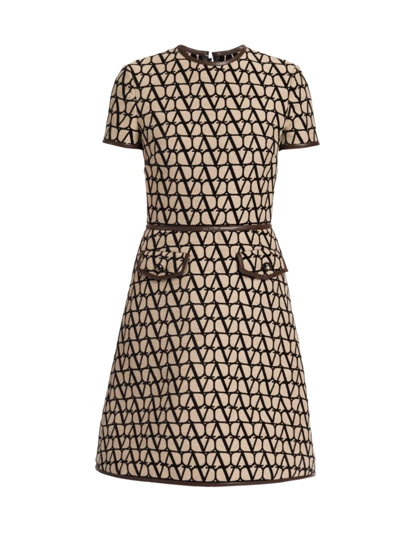 Valentino V Logo Jacquard Leather Trim Mini Dress In Beige Black