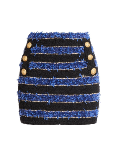 Balmain Button-embellished Striped Metallic Bouclé Mini Skirt In Blue