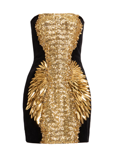 Balmain Strapless Embellished Cotton-velvet Mini Dress In Black Gold