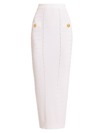 Balmain Button-embellished Ribbed-knit Midi Skirt In White