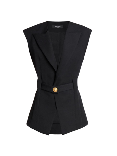 Balmain Black Belted Vest With Jewel Button In Wool Woman