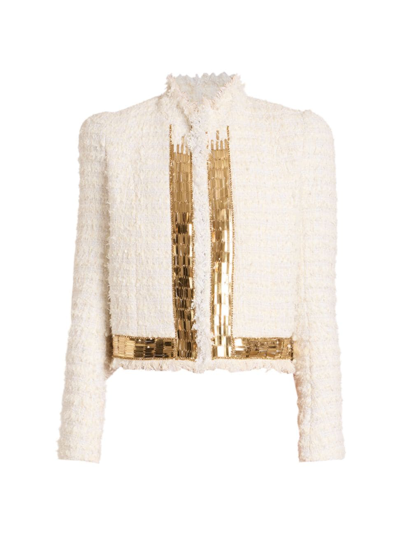 Balmain Women's Side-to-side Sequin & Tweed Jacket In White Gold