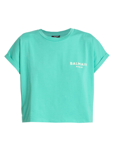Balmain Light Blue Contrasting Logo Cropped T-shirt In Green