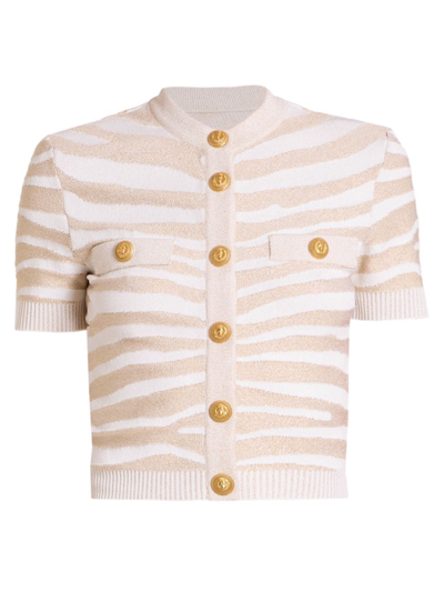 Balmain Metallic Zebra Stripe Short Sleeve Cardigan In Gad Blanc Or