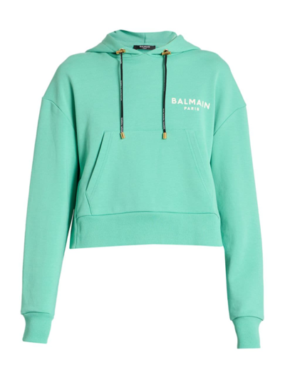 Balmain Women's Flocked Logo Cropped Hoodie In New