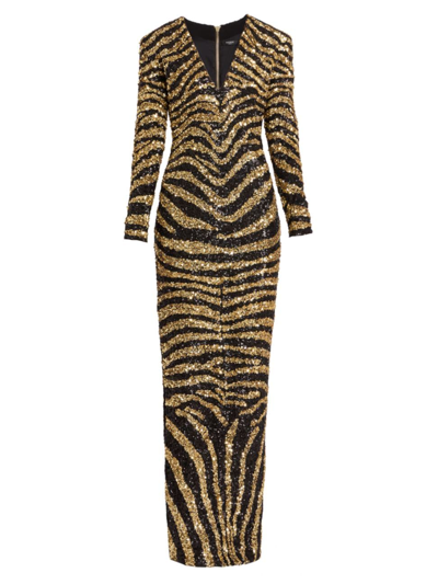 Balmain Side-slit Zebra-print Sequinned Gown In Blackgold