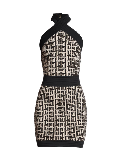 Balmain Monogram Halter-neck Minidress In Ivory Black