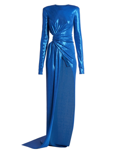 Balmain Women's Metallic Draped Gown In Bleu Electrique