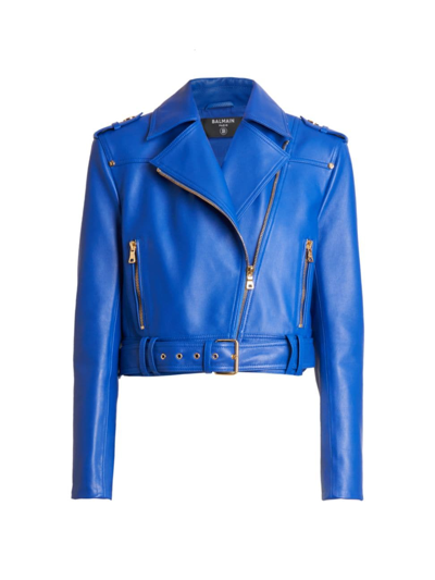 Balmain Cropped Biker Leather Jacket In Blue
