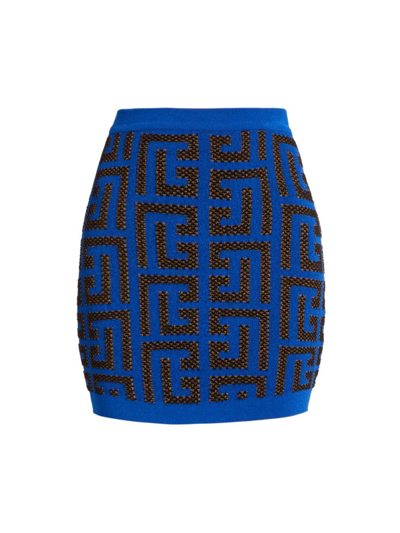 Balmain Blue Knit Miniskirt With All-over Monogram Pattern In Electric Blue Black