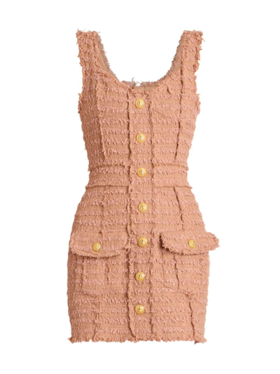 Balmain Button-embossed Strapped Tweed Short Dress In Nude