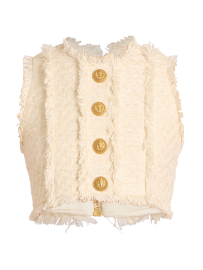 Balmain Cropped Button-embellished Frayed Cotton-blend Tweed Top In Aq Blanc Casse