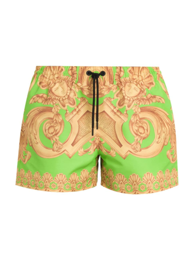 Versace New Heritage印花尼龙沙滩裤 In Lime Gold