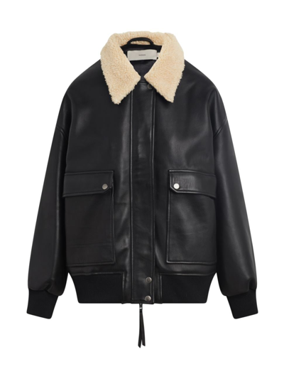 Hudson Oversized Leather Bomber Jacket – 黑色 In Black