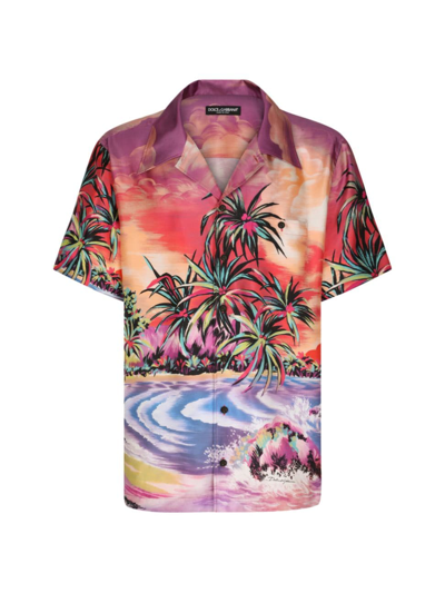 Dolce & Gabbana Hawaii-print Short-sleeved Silk-twill Shirt In Pink & Purple