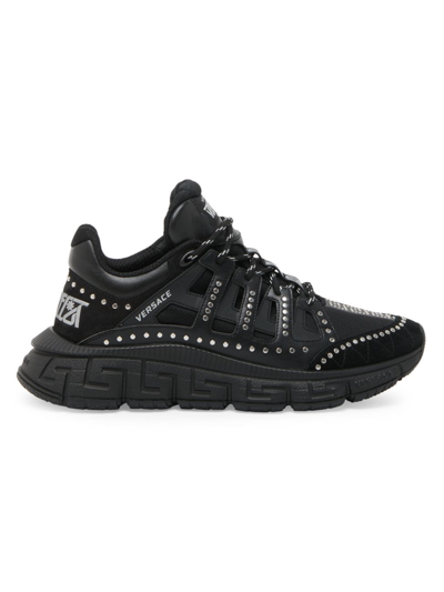 Versace Trigreca Logo Mesh & Leather Sneakers In Black