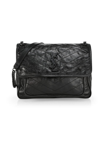 Saint Laurent Niki Medium Chain Bag In Crinkled Vintage Leather In Black
