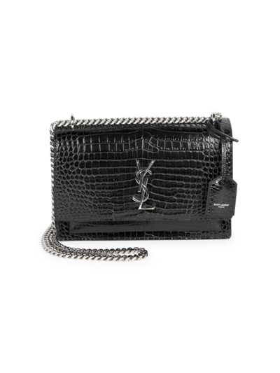 Saint Laurent Medium Sunset Croc-embossed Shoulder Bag In Black