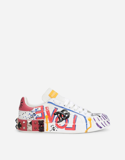 Dolce & Gabbana Calfskin Portofino Sneakers With Lettering In Multicolor