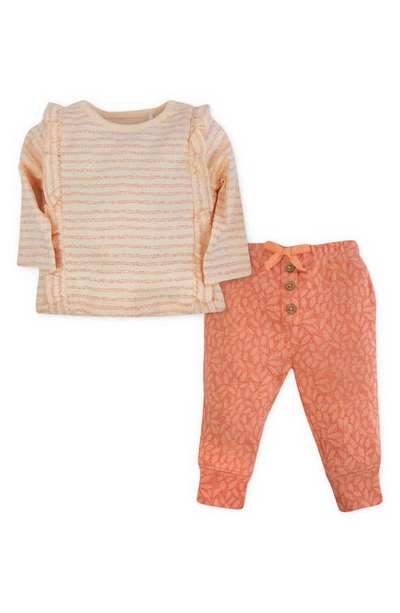 Oliver & Rain Babies' Leaves & Stripes Organic Cotton Ruffle T-shirt & Joggers Set In Ginger