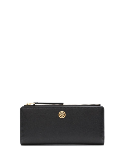 Tory Burch Robinson Pebbled Leather Zip Slim Wallet In Black