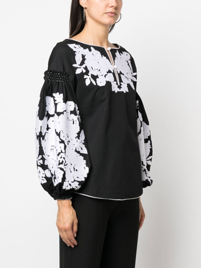 Yuliya Magdych Floral-jacquard Puff-sleeve Blouse In 黑色