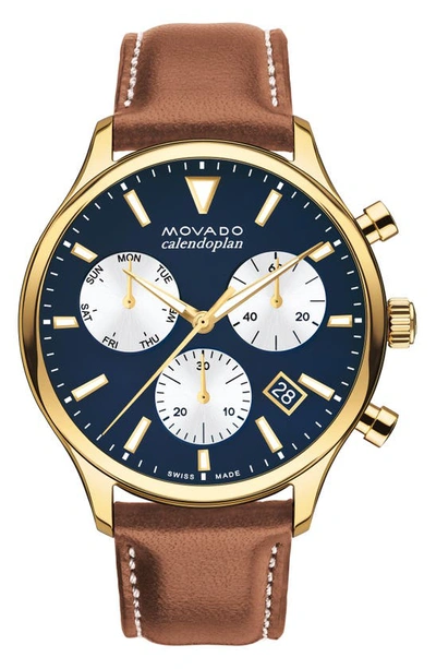 Movado Heritage Calendoplan Leather Strap Chronograph Watch In Blue