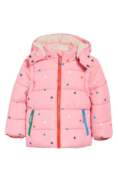 Mini Boden Kids' Two-in-one Star Print Fleece Lined Hooded Puffer Jacket In Bright Petal Pink Multi Star