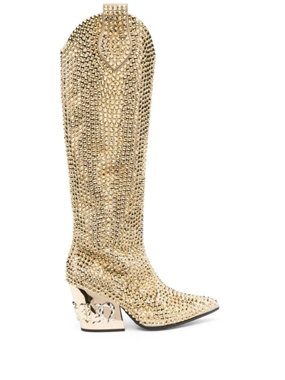 Philipp Plein Strass Cowboy Calf-length Boots In Gold
