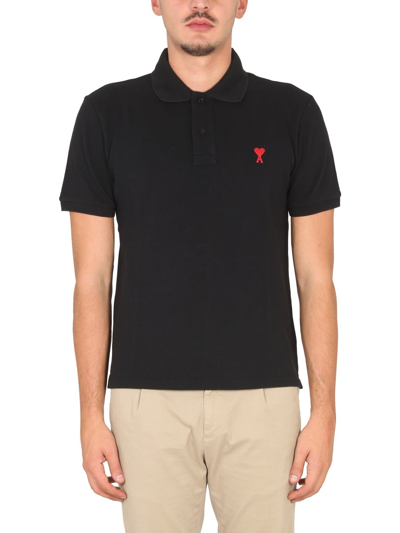 Ami Alexandre Mattiussi Embroidered Logo Cotton Pique Polo In Black