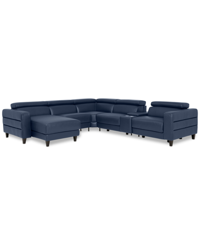 Furniture Silvanah 6-pc. Leather Sectional With Storage Chaise And 2 Power Recliners And Console, Created For In Sapphire