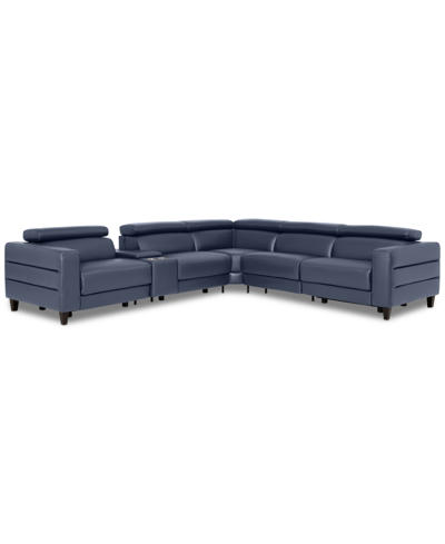 Furniture Silvanah 6-pc. "l" Leather Sectional With 3 Power Recliners And Console, Created For Macy's In Sapphire