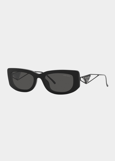 Prada Triangle Logo Rectangle Acetate & Metal Sunglasses In Black
